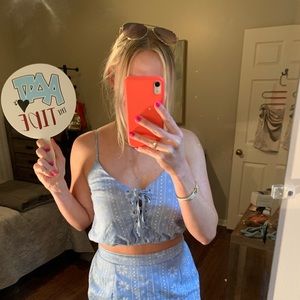 Blue White 2 Piece Short Lace-Up Set Floral Accent